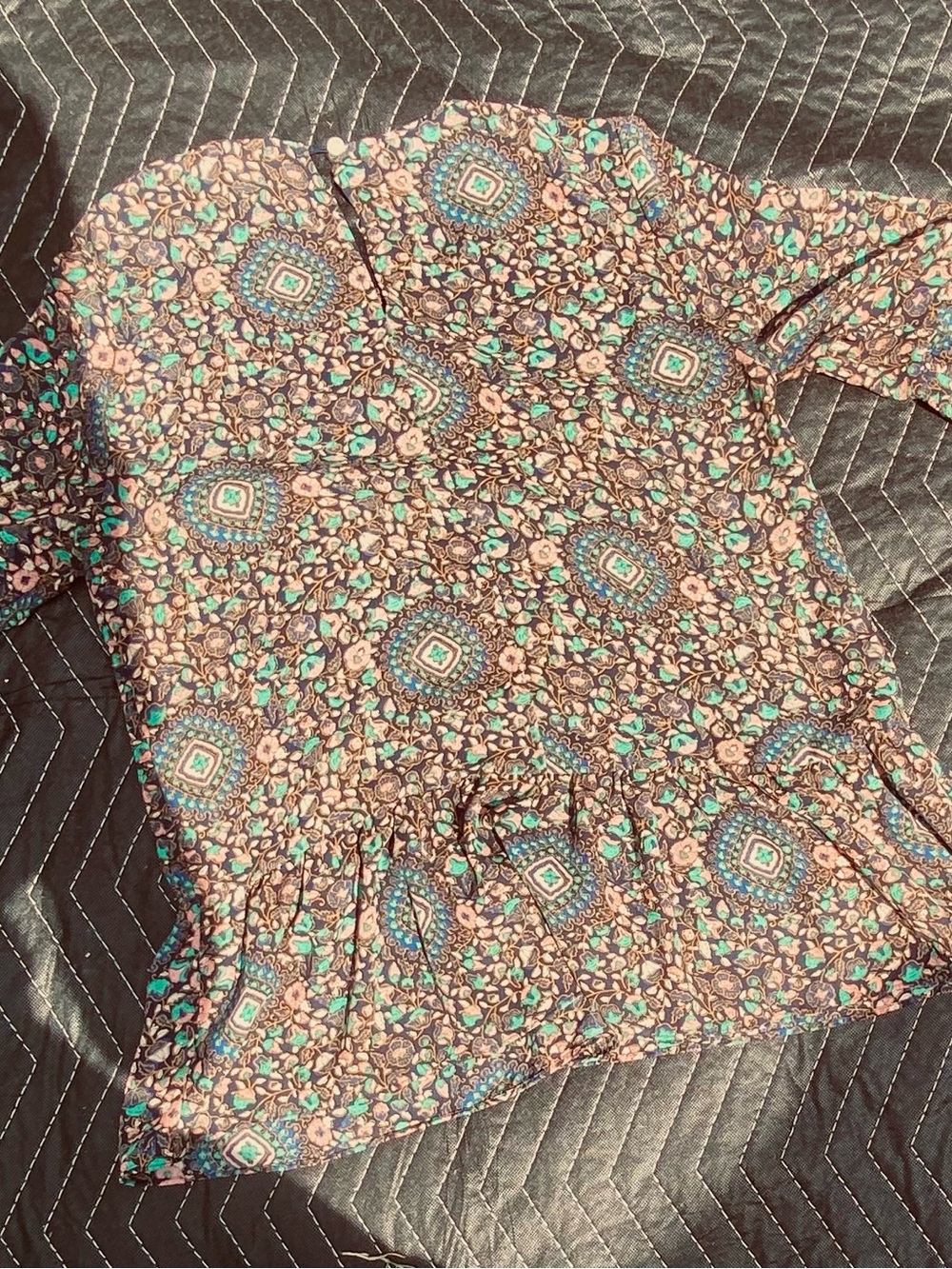 J. Crew Brown Floral Medallion Peplum Blouse with Teal Accents